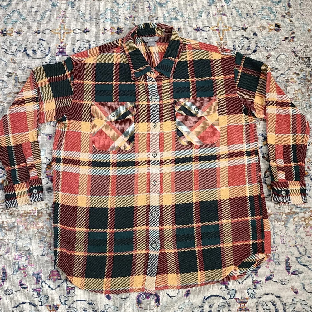 Natural Reflection Women Checkered Plaid Long Sleeve Orange Shirt, sz Large